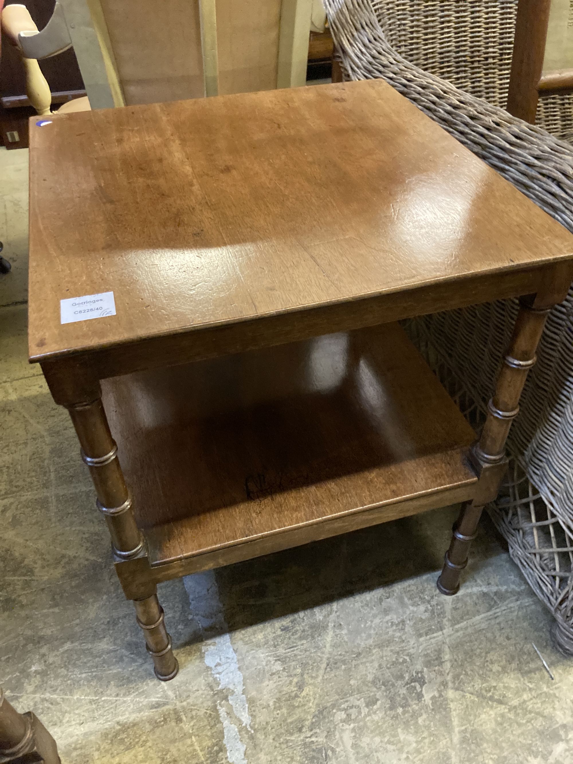 A pair of Regency style mahogany two tier occasional tables, width 47cm, depth 47cm, height 59cm